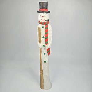 Vintage 12" Pencil Snowman Figurine Standing Tall Winter Broom Pipe Scarf Pipe